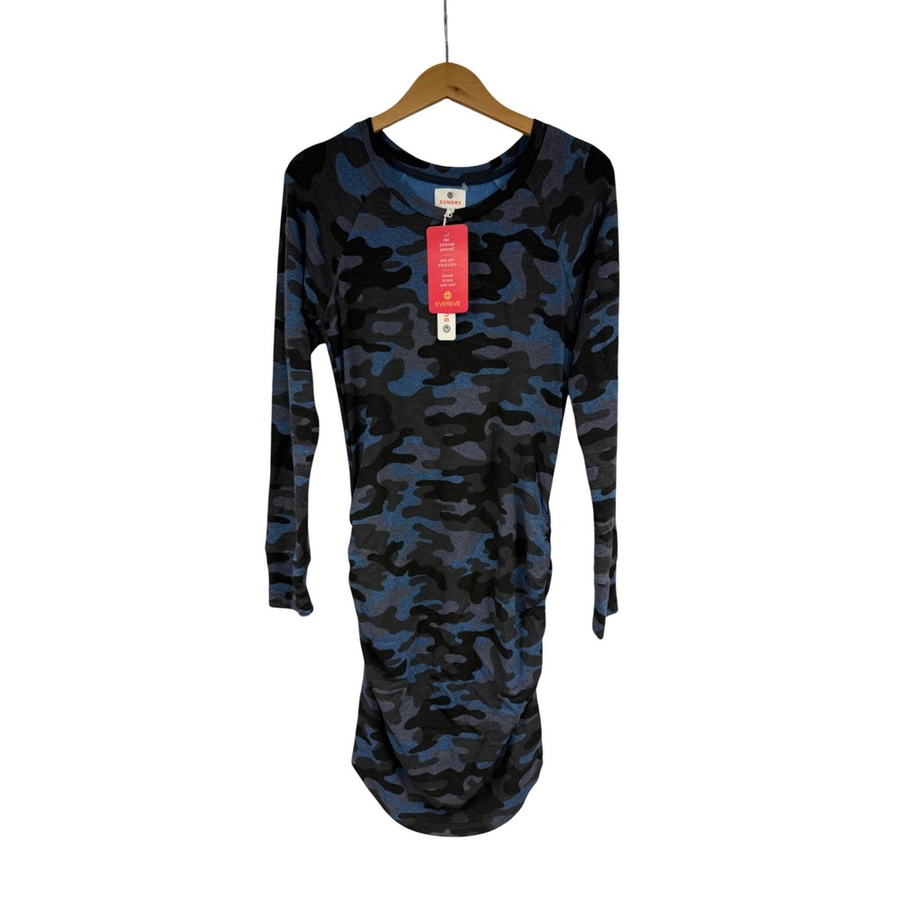 Sundry Camo Ruched Side Long Sleeve Dress Blue Black Camouflage Size 1 Small NEW